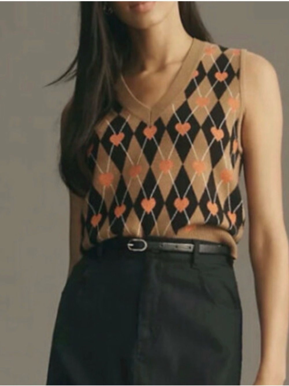 Maeve By Anthropologie Heart Argyle Sweater Vest Small Brown V Neck Knit Preppy